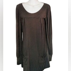 Vertigo Paris Boho Women’s M Brown Babydoll Mini Dress Long Sleeve Pockets Artsy